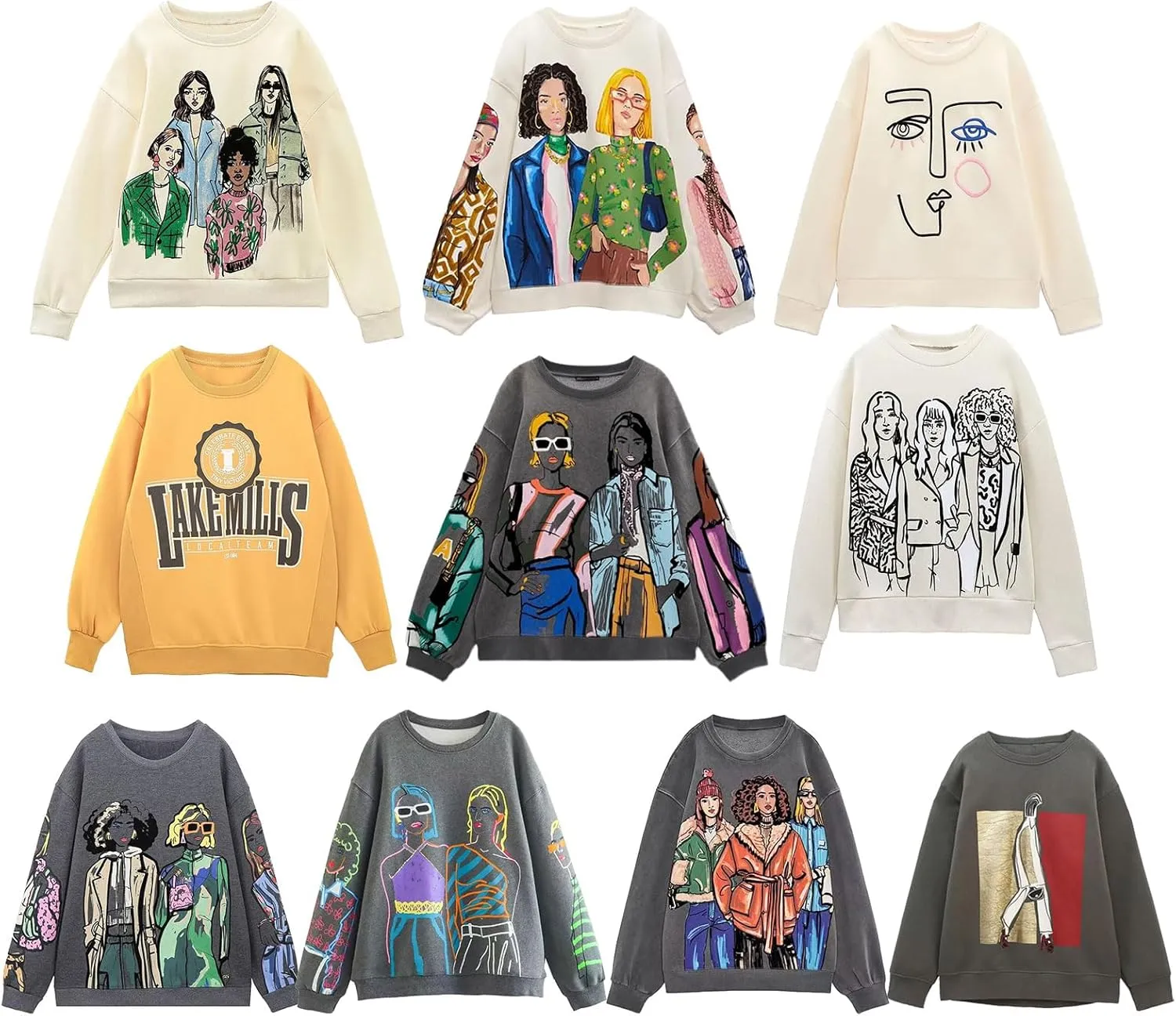 KOSUSANILL Women Long Sleeve Graphic Sweatshirts Girls Print Baggy Loose Pullovers Tops Crew Neck Graffiti Sweater Fall
