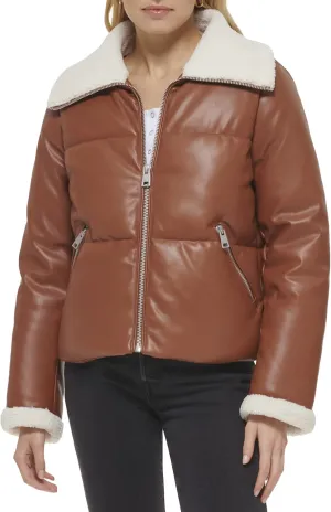 Levi's Women's Breanna Faux Leather Puffer Jacket with Sherpa Lined Collar