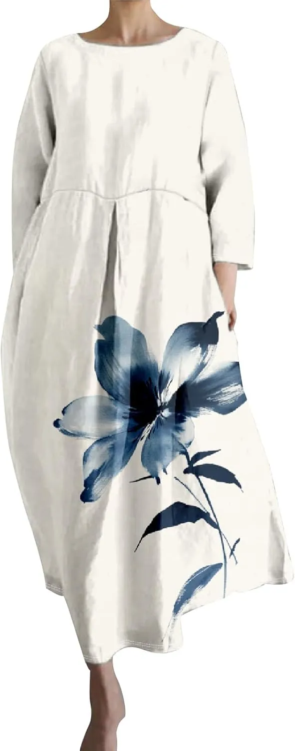 Linen Maxi Dress for Women Vintage Floral Print Plus Size Summer Casual 3/4 Sleeve Dresses with Pockets