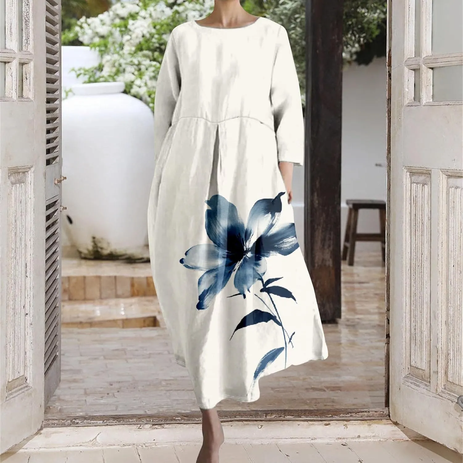 Linen Maxi Dress for Women Vintage Floral Print Plus Size Summer Casual 3/4 Sleeve Dresses with Pockets