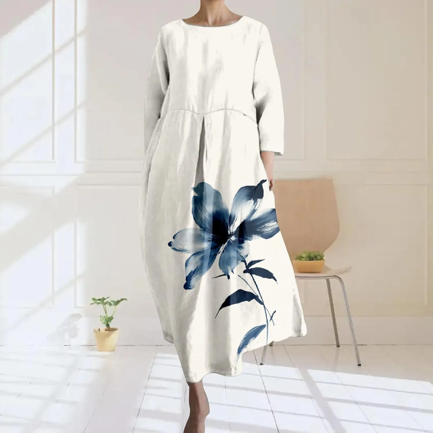 Linen Maxi Dress for Women Vintage Floral Print Plus Size Summer Casual 3/4 Sleeve Dresses with Pockets