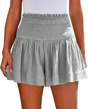 Linen Shorts for Women Summer Flowy Beach Shorts Smocked High Waisted Wide Leg Lightweight Athletic Gym Running Pants