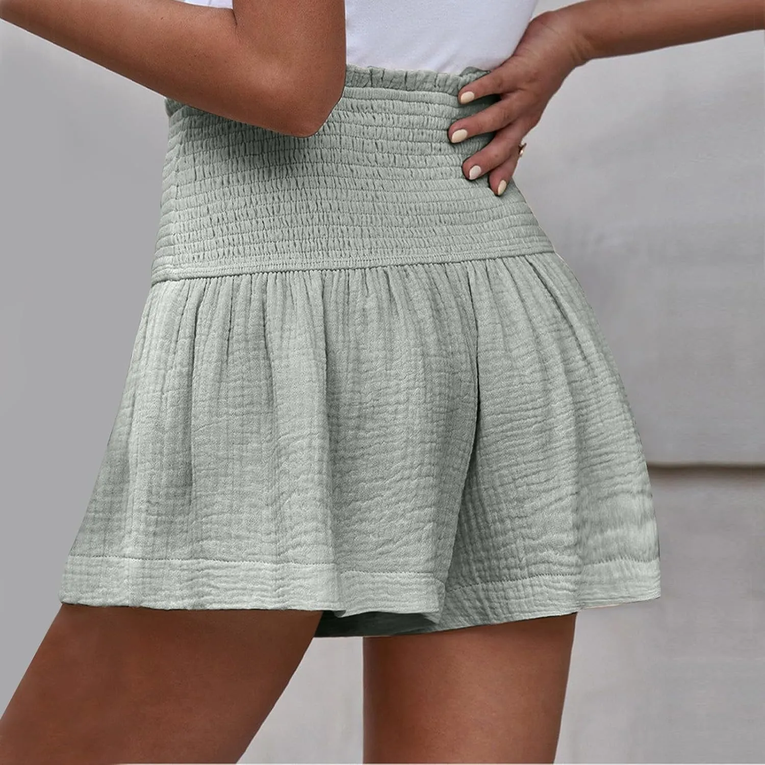 Linen Shorts for Women Summer Flowy Beach Shorts Smocked High Waisted Wide Leg Lightweight Athletic Gym Running Pants