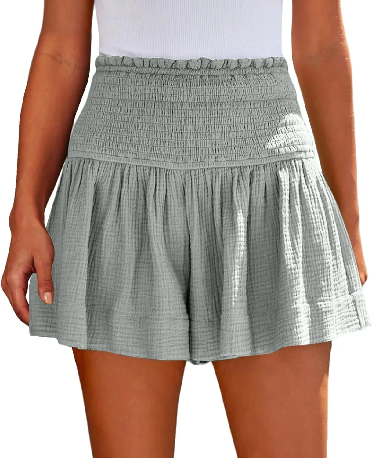Linen Shorts for Women Summer Flowy Beach Shorts Smocked High Waisted Wide Leg Lightweight Athletic Gym Running Pants