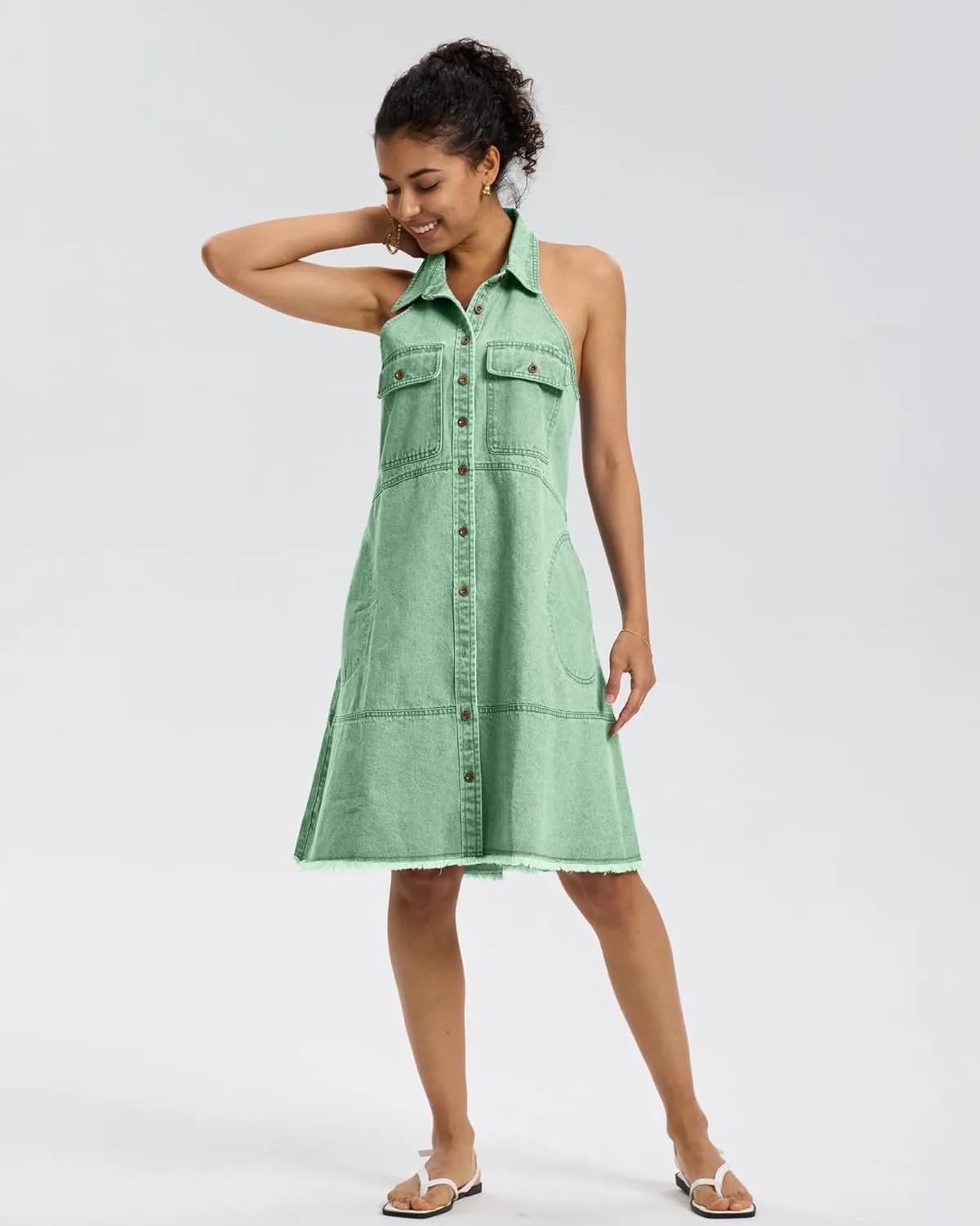Locachy Women's Summer Sleeveless Halter Neck Button Down Denim Dress Casual A-Line Jean Shirt Dresses