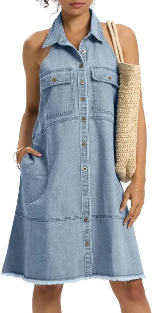 Locachy Women's Summer Sleeveless Halter Neck Button Down Denim Dress Casual A-Line Jean Shirt Dresses
