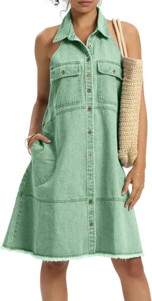 Locachy Women's Summer Sleeveless Halter Neck Button Down Denim Dress Casual A-Line Jean Shirt Dresses