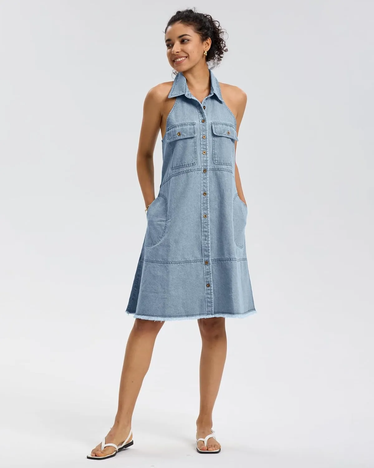 Locachy Women's Summer Sleeveless Halter Neck Button Down Denim Dress Casual A-Line Jean Shirt Dresses