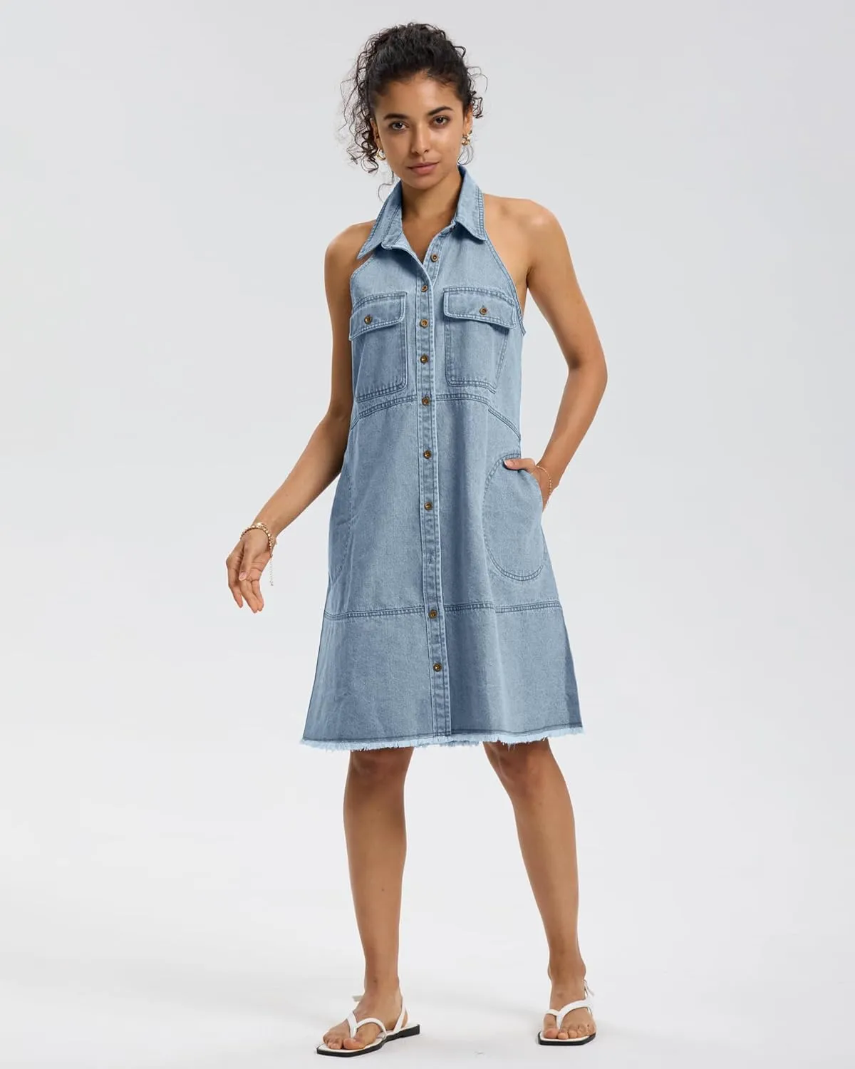 Locachy Women's Summer Sleeveless Halter Neck Button Down Denim Dress Casual A-Line Jean Shirt Dresses