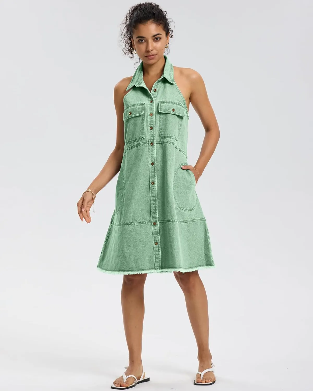 Locachy Women's Summer Sleeveless Halter Neck Button Down Denim Dress Casual A-Line Jean Shirt Dresses