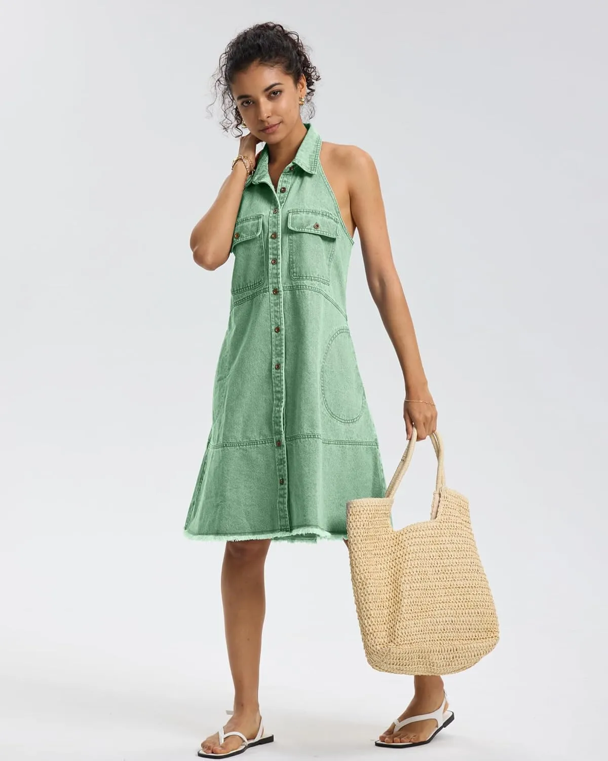 Locachy Women's Summer Sleeveless Halter Neck Button Down Denim Dress Casual A-Line Jean Shirt Dresses