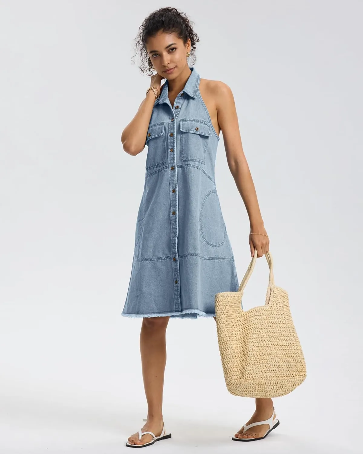 Locachy Women's Summer Sleeveless Halter Neck Button Down Denim Dress Casual A-Line Jean Shirt Dresses