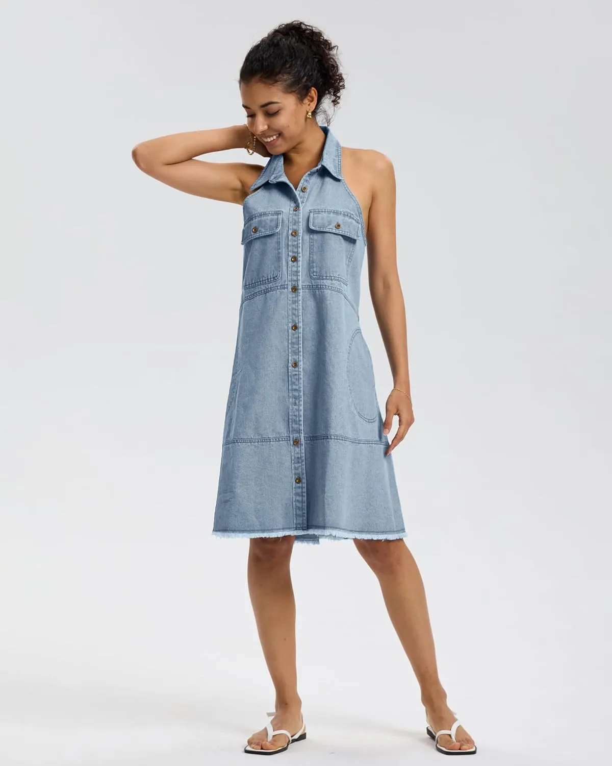 Locachy Women's Summer Sleeveless Halter Neck Button Down Denim Dress Casual A-Line Jean Shirt Dresses