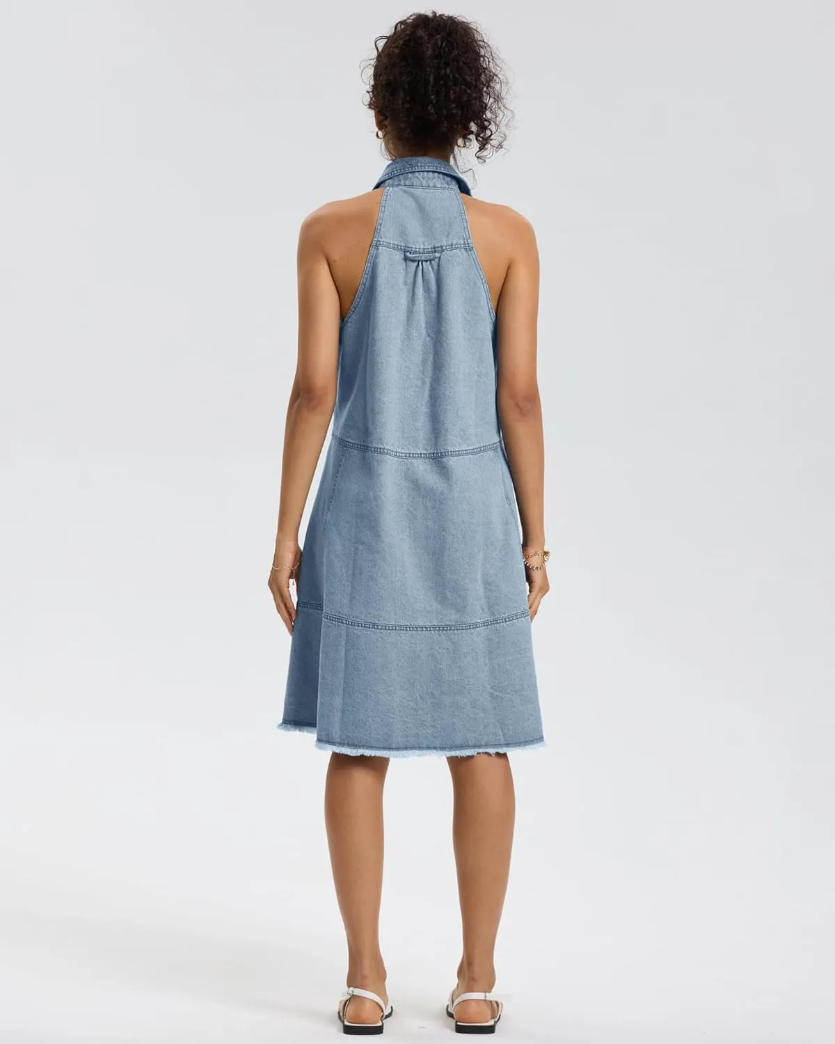 Locachy Women's Summer Sleeveless Halter Neck Button Down Denim Dress Casual A-Line Jean Shirt Dresses