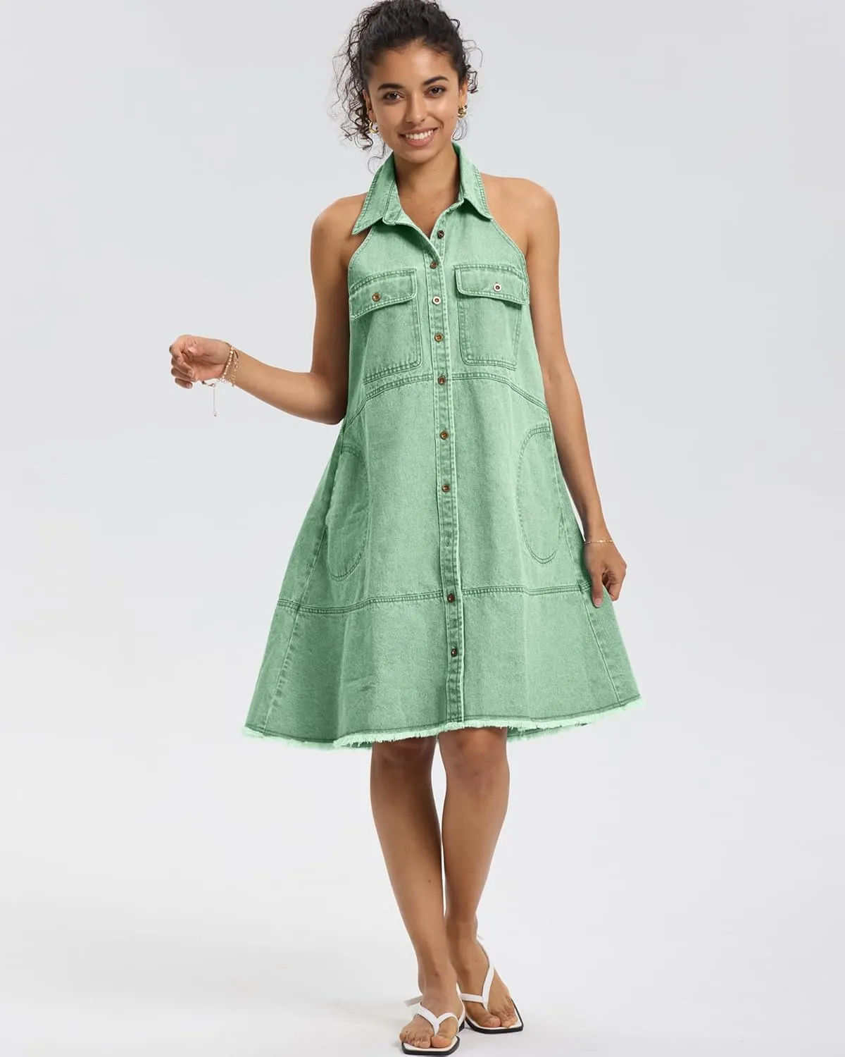 Locachy Women's Summer Sleeveless Halter Neck Button Down Denim Dress Casual A-Line Jean Shirt Dresses