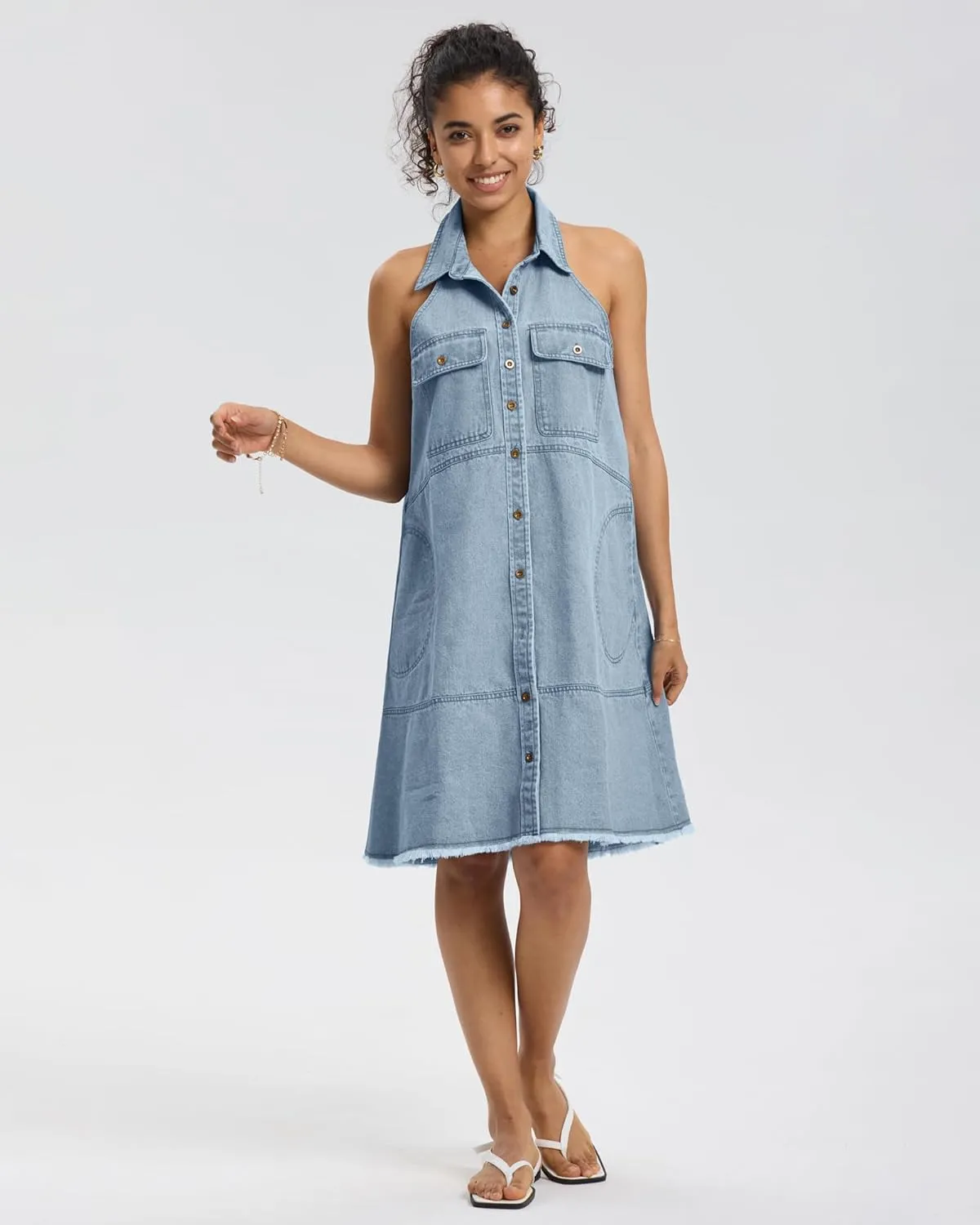 Locachy Women's Summer Sleeveless Halter Neck Button Down Denim Dress Casual A-Line Jean Shirt Dresses