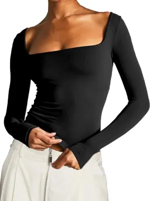 Long Sleeve T Shirt Women - Square Neck Going Out Tops Double Lined Tight Shirt Y2K Crop Top Slim Fit