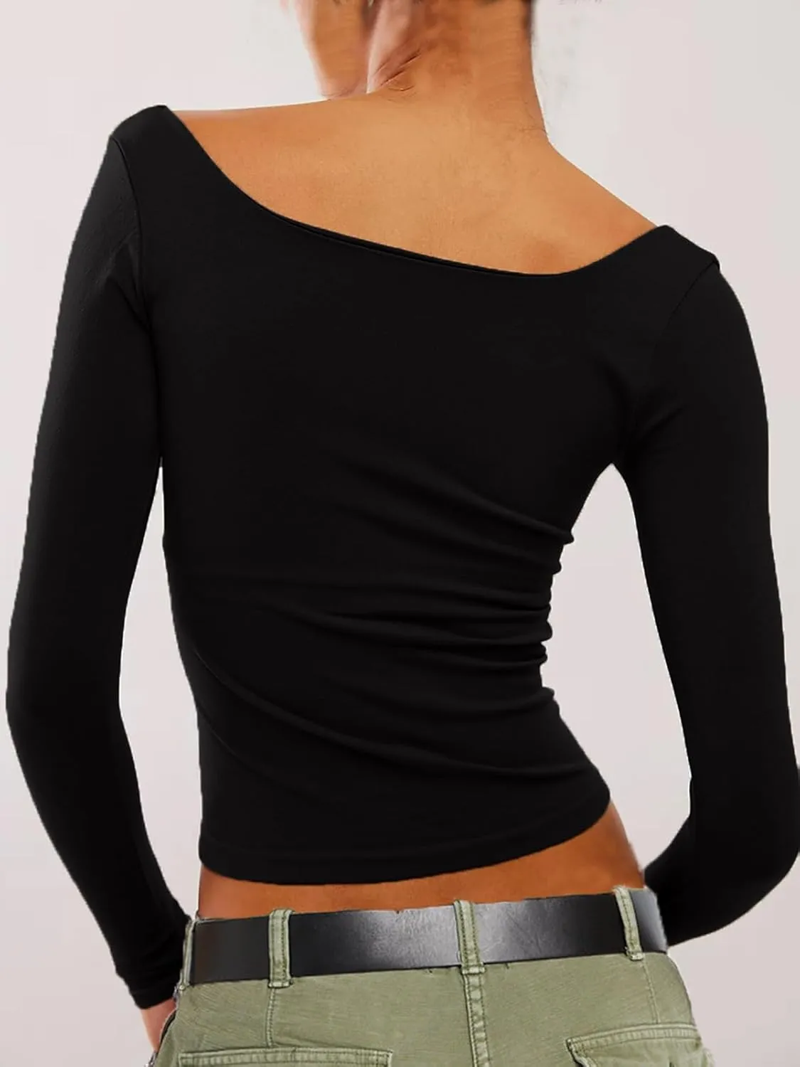 Long Sleeve T Shirt Women - Square Neck Going Out Tops Double Lined Tight Shirt Y2K Crop Top Slim Fit