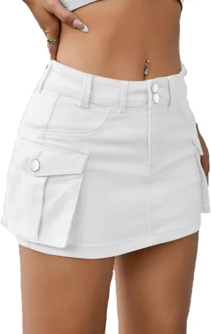 Low Waist Cargo Skirt Women Button Mini Cargo Denim Skirt with Pocket Mini Skirt