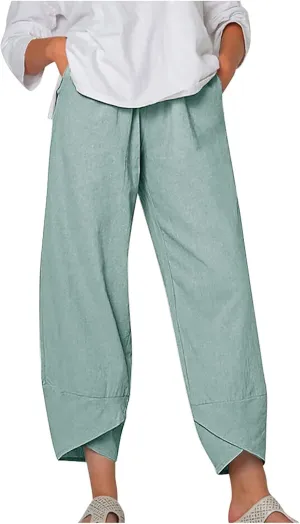 Lpmadey Women Cotton Linen Capris Pants Front Slit Elastic Waist Casual Pant Summer Solid Lounge Cropped Trouser with Pockets