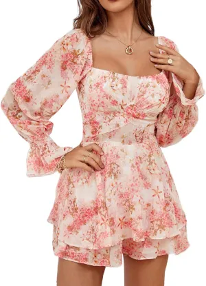 LYANER Women's Floral Print Off Shoulder Long Sleeve Ruffle Hem Romper Short Jumpsuit