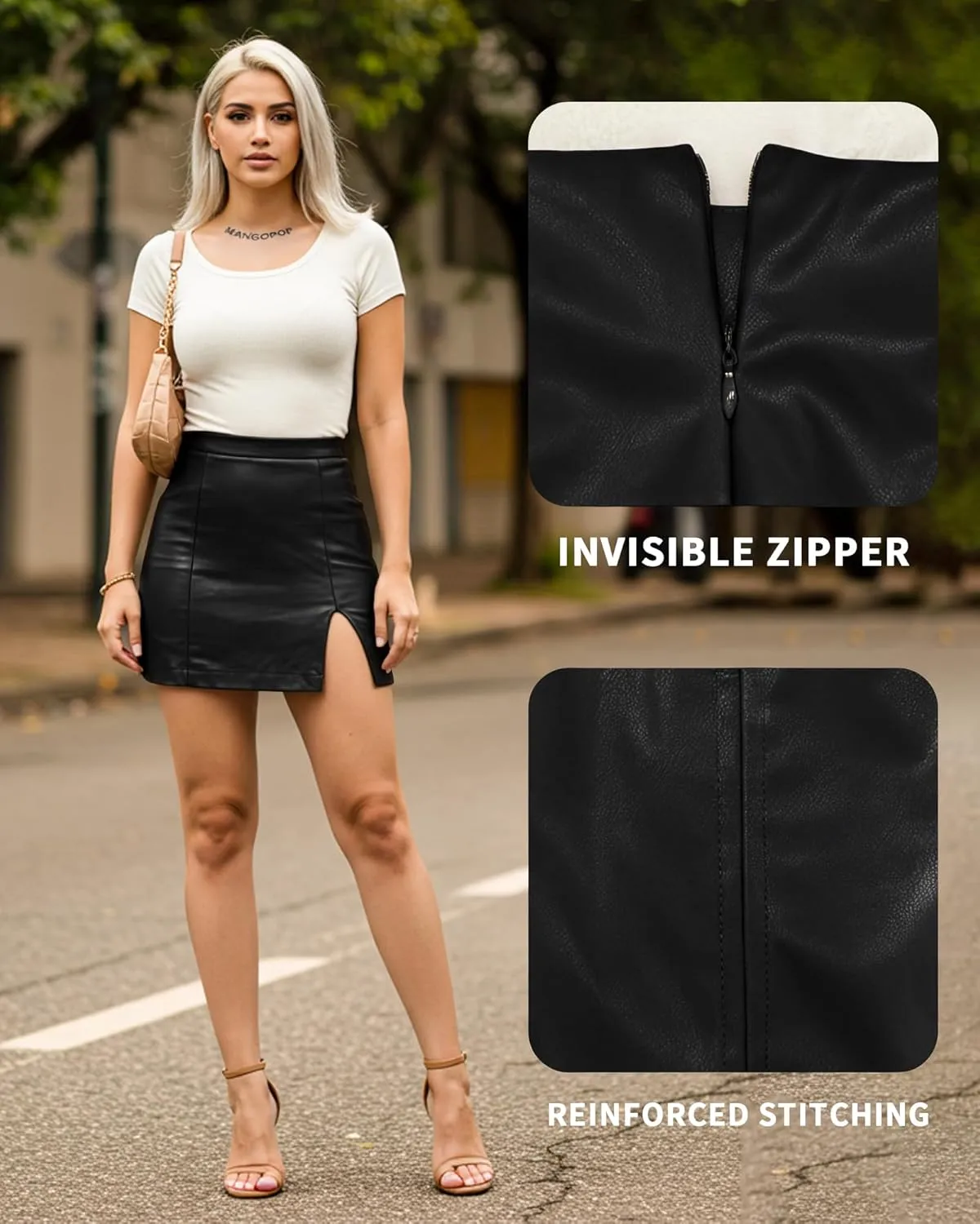 MANGOPOP Womens High Waist Bodycon Mini Short Faux Leather Skirt with Slit