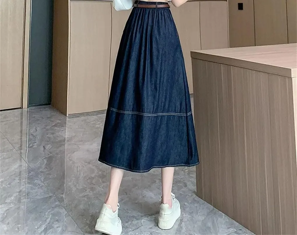 Maxi Long Skirts Women Casual High Waisted Jean Ladies Splicing A-Line Ruffle Denim Skirt