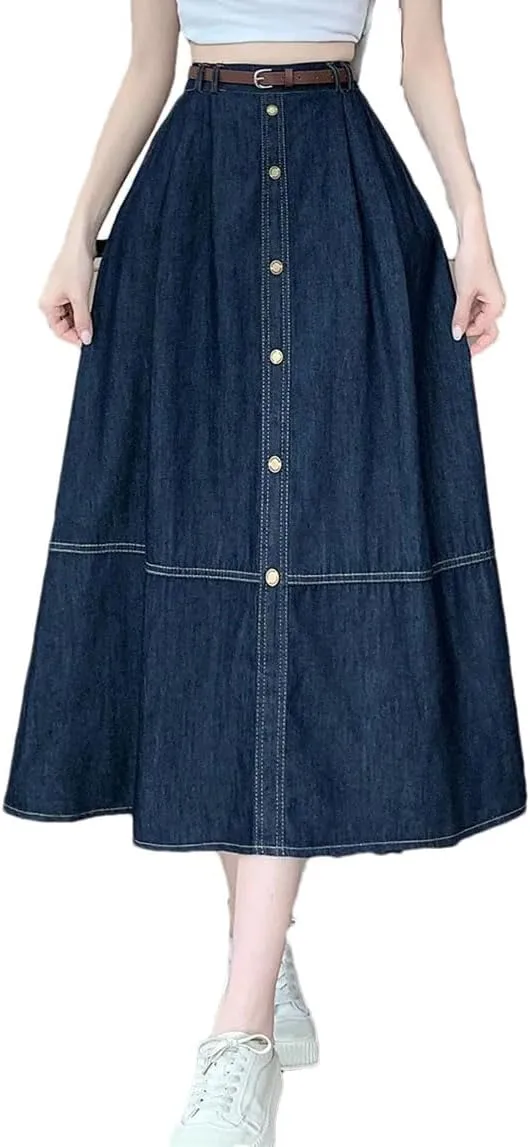 Maxi Long Skirts Women Casual High Waisted Jean Ladies Splicing A-Line Ruffle Denim Skirt