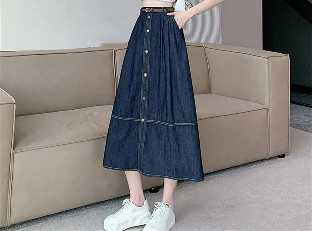 Maxi Long Skirts Women Casual High Waisted Jean Ladies Splicing A-Line Ruffle Denim Skirt