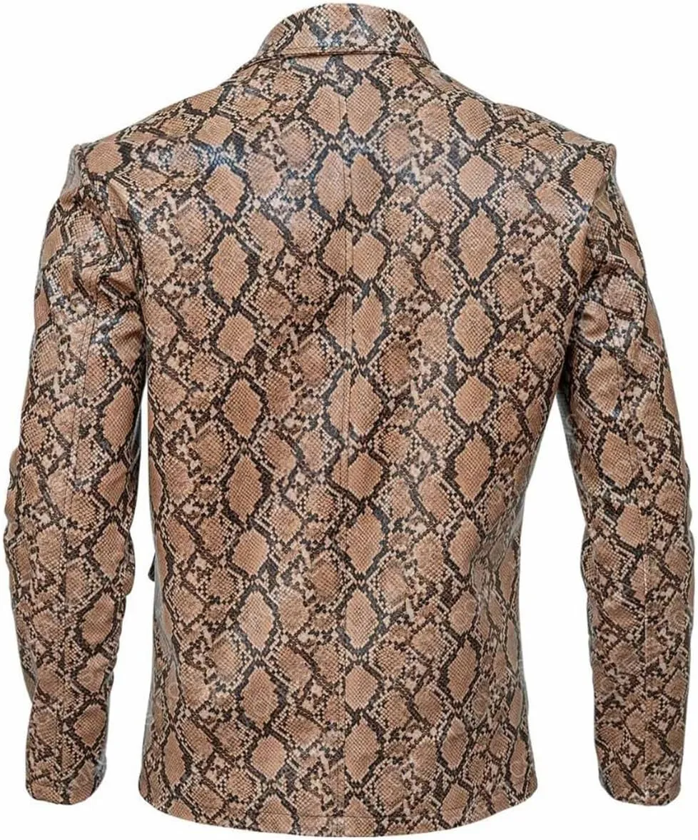 Men Classic Print Snake Skin Leather Blazer Sport Coat Jacket