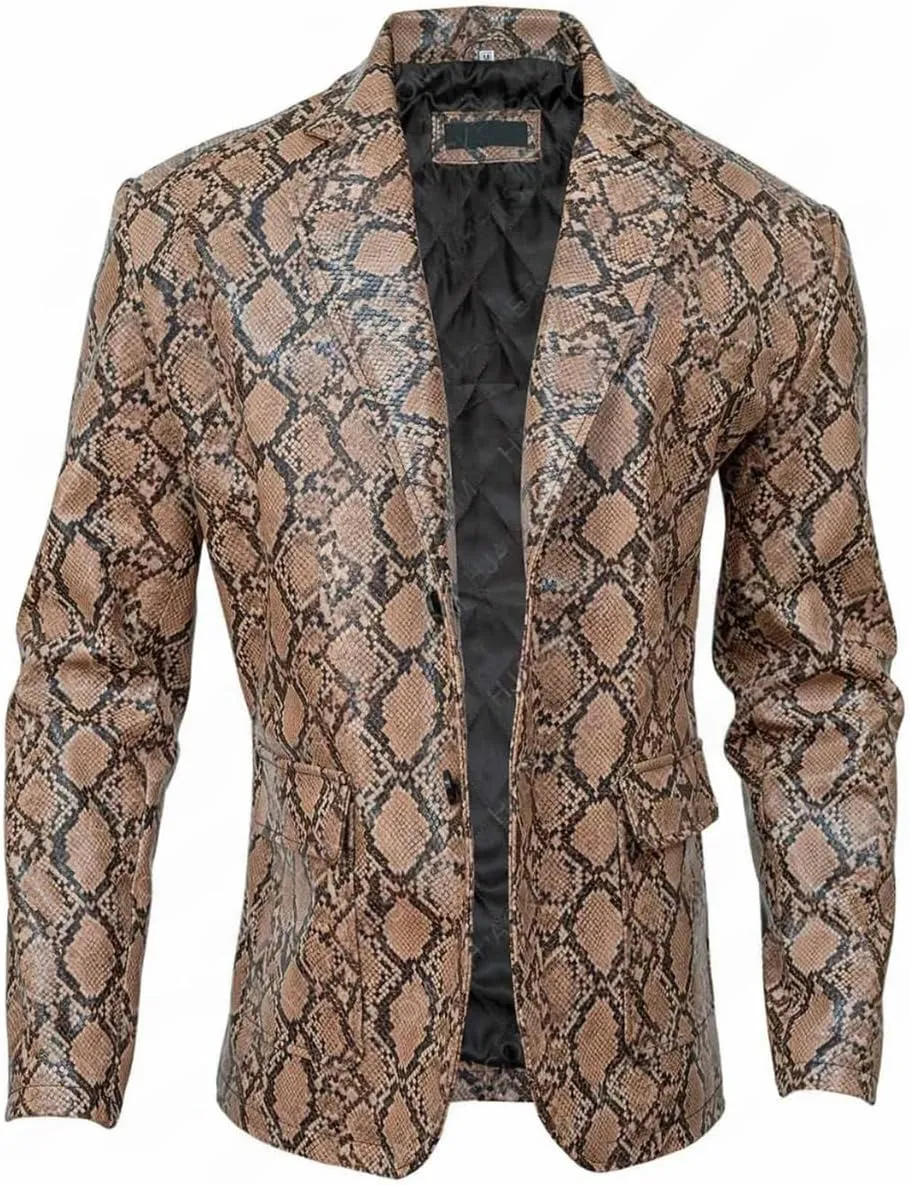 Men Classic Print Snake Skin Leather Blazer Sport Coat Jacket