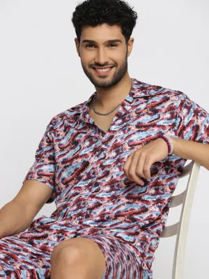 Men Maroon Cuban Collar Printed Over Sized Co-ords Set