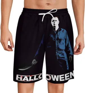 Men's Beach Pants Halloween Michael Myers Summer Board Shorts with Pockets Beach Shorts Bathing Suits for Men