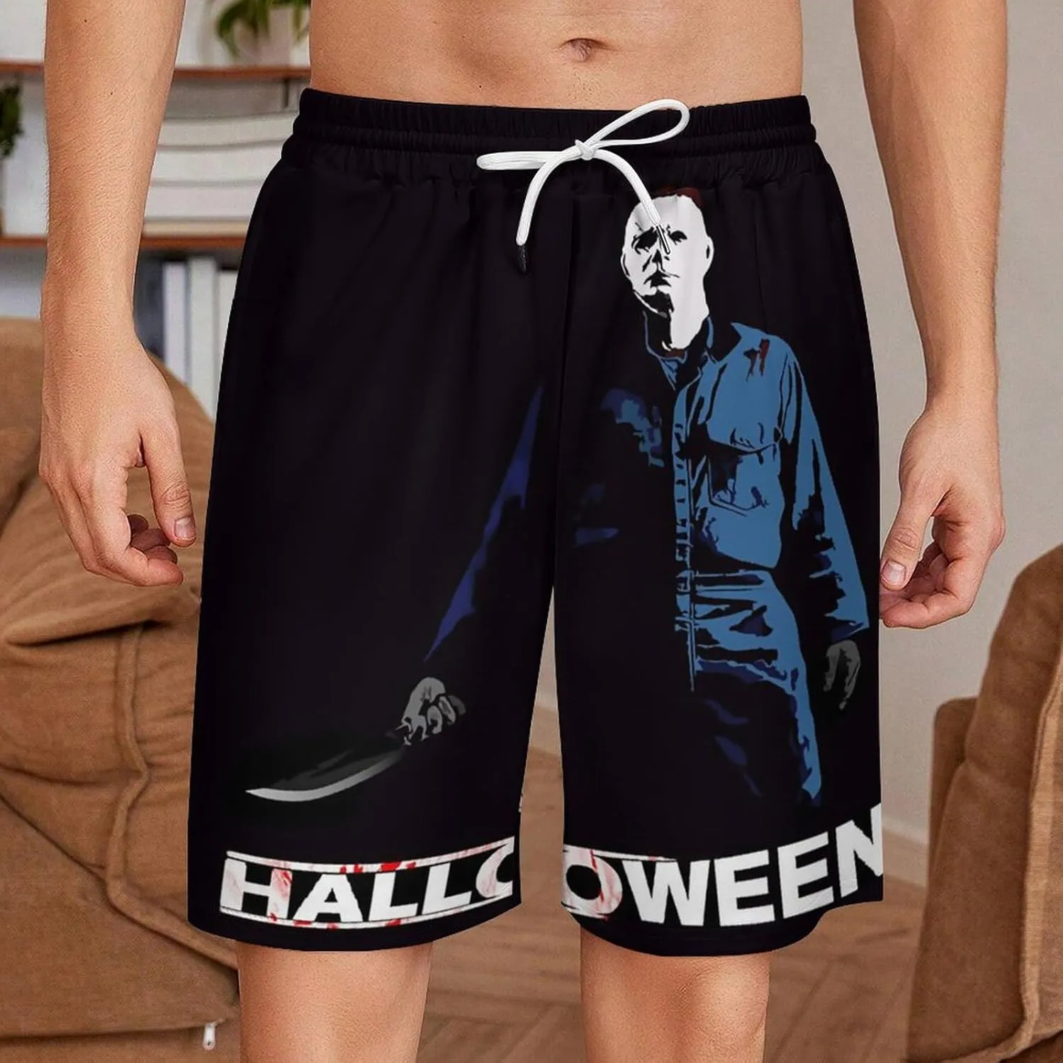 Men's Beach Pants Halloween Michael Myers Summer Board Shorts with Pockets Beach Shorts Bathing Suits for Men