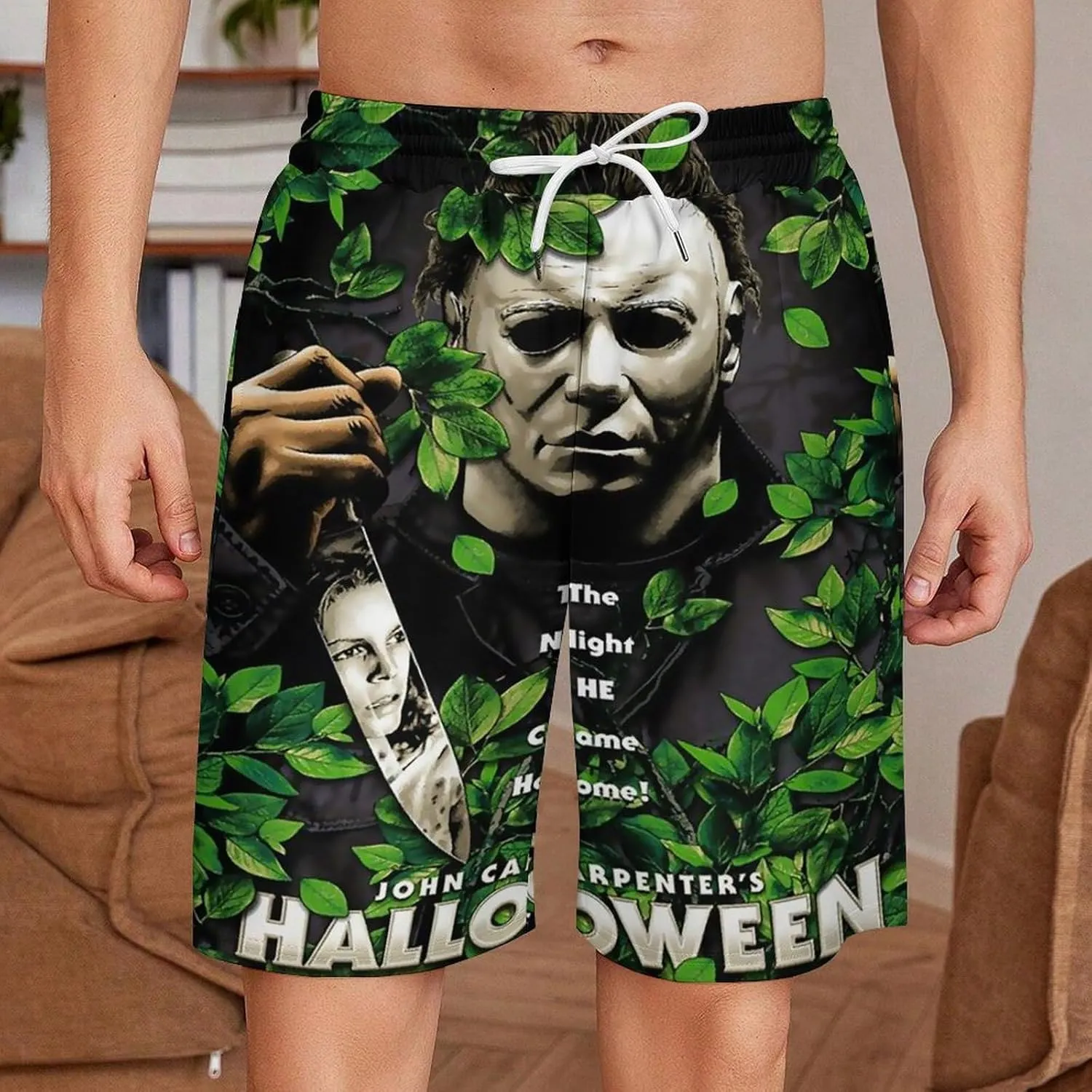 Men's Beach Pants Halloween Michael Myers Summer Board Shorts with Pockets Beach Shorts Bathing Suits for Men