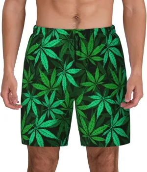 Mens Double Layer Swim Trunks Green Marijuana Grass Board Shorts Beach Shorts with Mesh Lining Surf Swimwear 86
