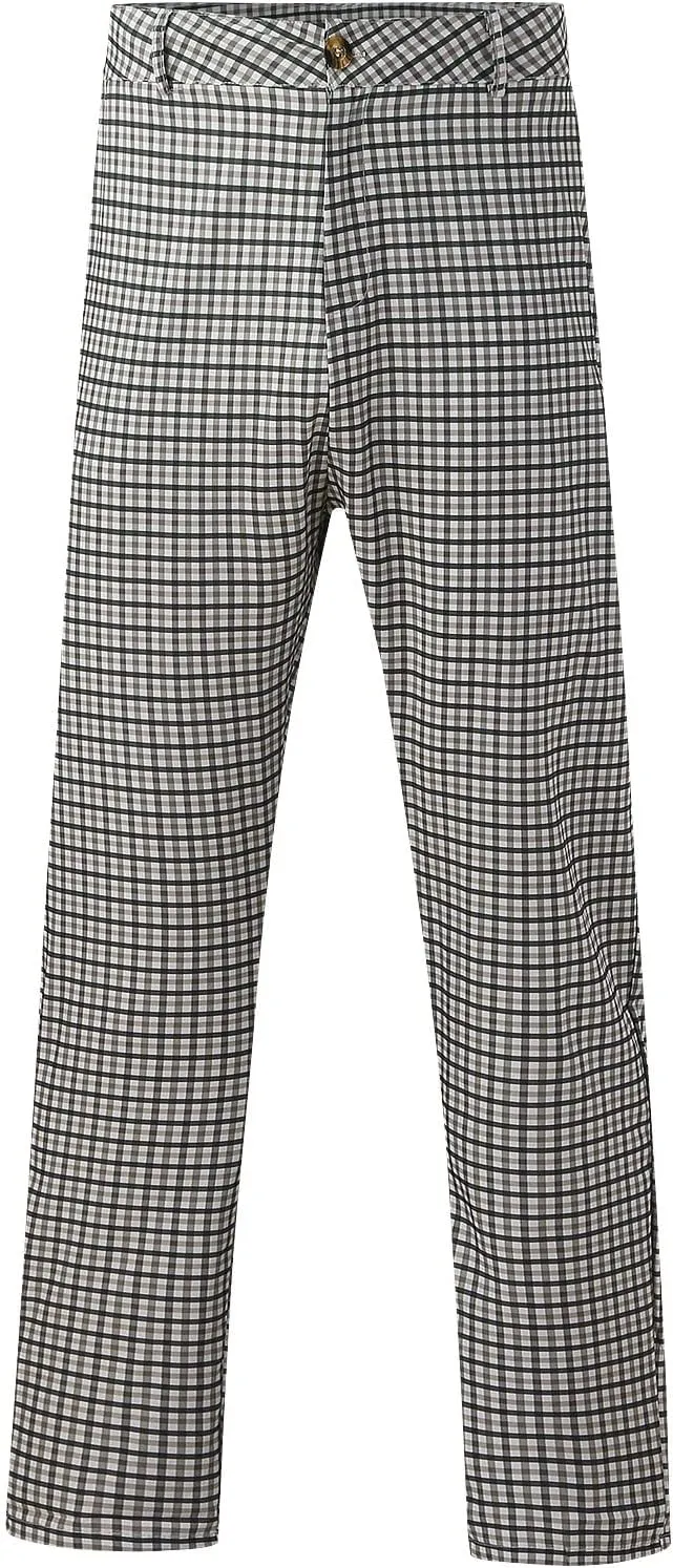 Mens Fashion Plaid Stretch Dress Pants Business Straight Leg Slim Fit Flat-Front Chino Pant Checkered Work Suit Pants