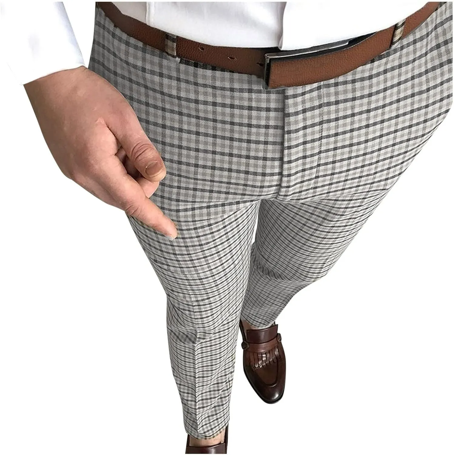Mens Fashion Plaid Stretch Dress Pants Business Straight Leg Slim Fit Flat-Front Chino Pant Checkered Work Suit Pants
