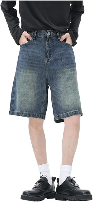 Men's Wide Leg Y2K Hip Hop Mid Jean Shorts Baggy Denim Shorts with Pockets Aesthetic Pants Streetwear Clothes