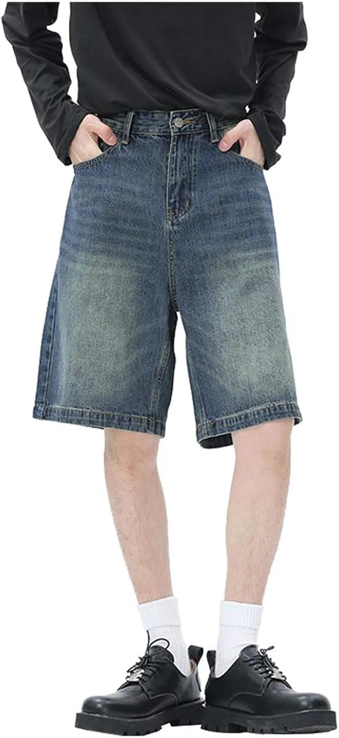 Men's Wide Leg Y2K Hip Hop Mid Jean Shorts Baggy Denim Shorts with Pockets Aesthetic Pants Streetwear Clothes