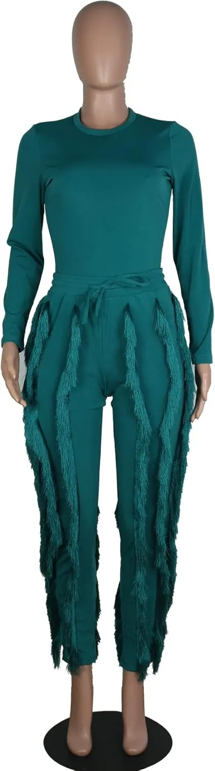 MESLIMA Casual 2 Pieces Outfits for Women Round Collar Long Sleeve Bodysuits with Fringe Long Pants Set Jumpsuits