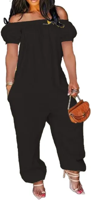 MESLIMA Women's Loose Fit Elastic Off Shoulder Beam Foot Long Sleeve Jumpsuit Rompers with Pockets Plus Size