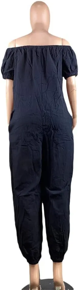 MESLIMA Women's Loose Fit Elastic Off Shoulder Beam Foot Long Sleeve Jumpsuit Rompers with Pockets Plus Size