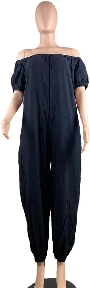 MESLIMA Women's Loose Fit Elastic Off Shoulder Beam Foot Long Sleeve Jumpsuit Rompers with Pockets Plus Size