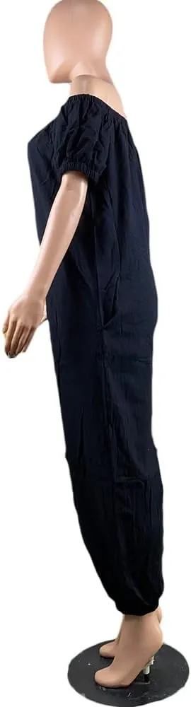 MESLIMA Women's Loose Fit Elastic Off Shoulder Beam Foot Long Sleeve Jumpsuit Rompers with Pockets Plus Size