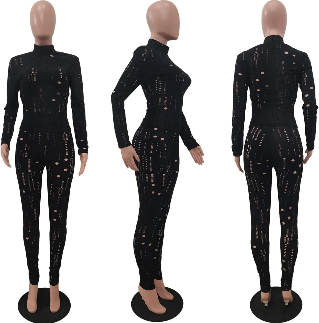 MESLIMA Women's Sexy Solid Two Piece Outfits Hollow Out Long Sleeve Crop Top Bodycon Pants Sets Tracksuit