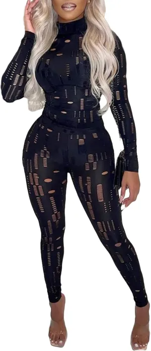 MESLIMA Women's Sexy Solid Two Piece Outfits Hollow Out Long Sleeve Crop Top Bodycon Pants Sets Tracksuit