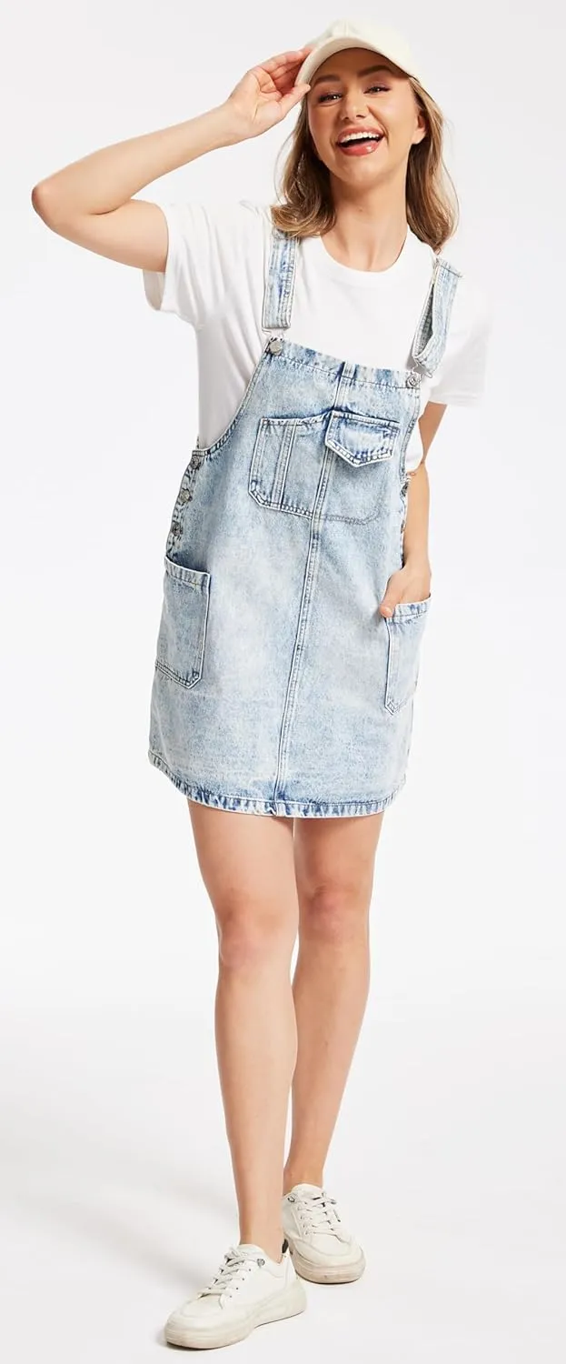 MISS MOLY Women's Vintage Denim Overall Dress with Pockets,Classic Adjustable Straps Sleeveless Casual Mini Dress
