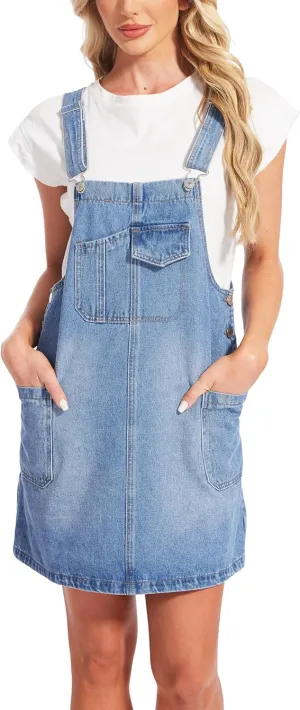 MISS MOLY Women's Vintage Denim Overall Dress with Pockets,Classic Adjustable Straps Sleeveless Casual Mini Dress