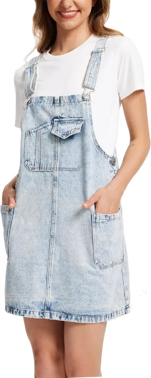 MISS MOLY Women's Vintage Denim Overall Dress with Pockets,Classic Adjustable Straps Sleeveless Casual Mini Dress